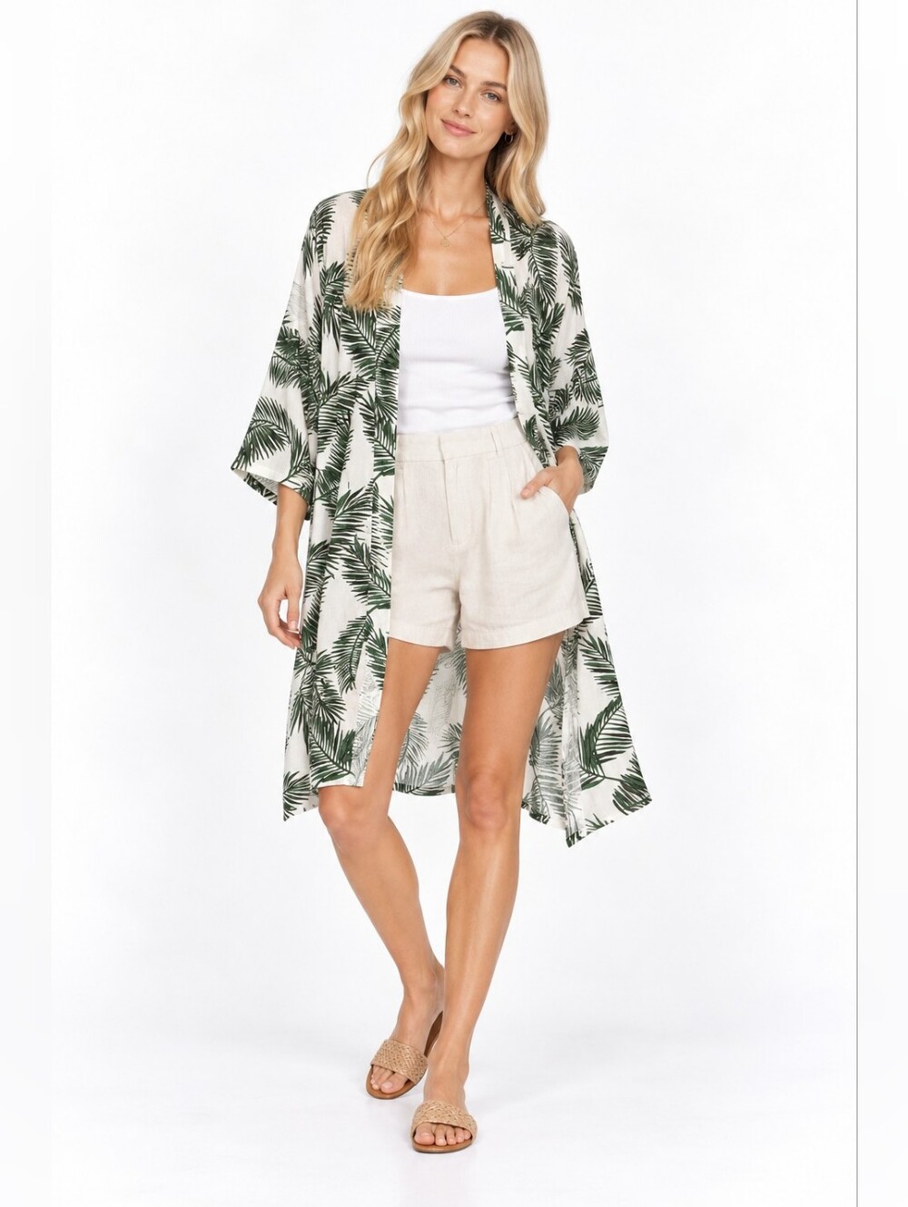 Mirror Image Size XL Linen Palm-Print White and Green Swim Cover-Up Kimono